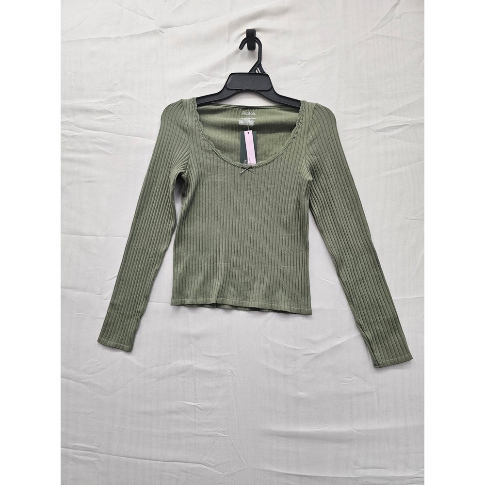 Wild Fable Sage Green Ribbed Scoop Neck Long Sleeve Top Bow Detail Medium NEW